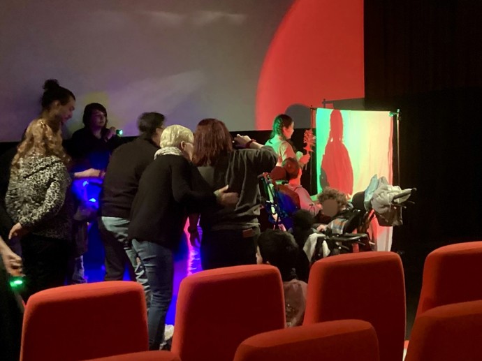 Eine Gruppe von Schülerinnen und Schüler steht vor einer Schattenwand und beobachtet die Schattenbilder.