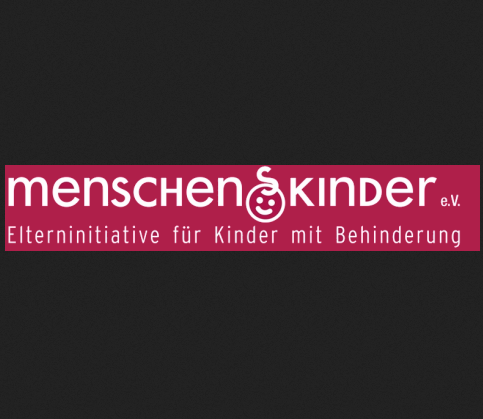 Logo Menschenskinder: Rotes Banner auf Schwarzem Hintergrund, darauf in weißer Schrift Menschenskinder e.V. Elterninitiative für Kinder mit Behinderung