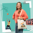 Collage: 
eine lächelnde Frau mit Leinenbeutel, Rollstuhlfahrer von hinten wirft einen Baskeball, ein Schulgebäude