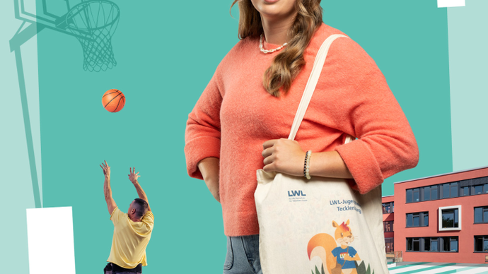 Collage: Eine lächelnde Frau mit Leinenbeutel, ein Rollstuhlfahrer von hinten wirft einen Basketball, ein rotes Schulgebäude