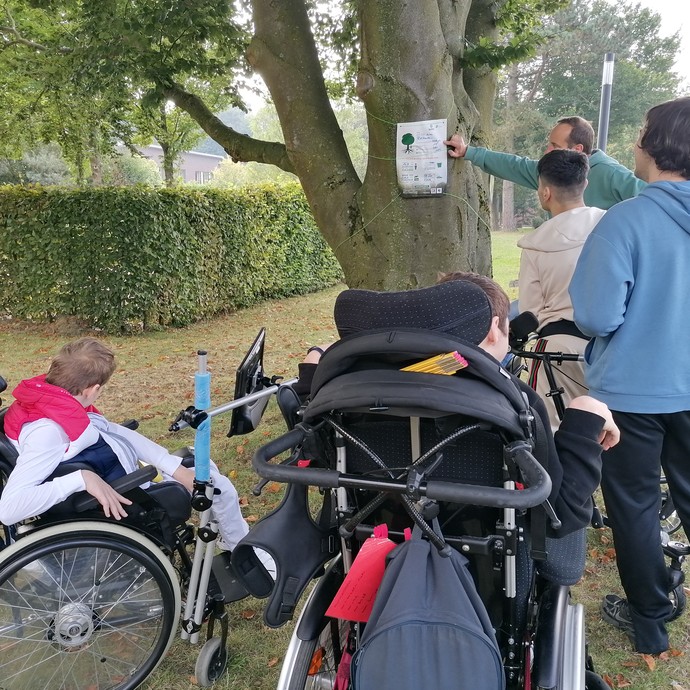Eine Gruppe Schüler und Schülerinnen steht vor einem Baum.