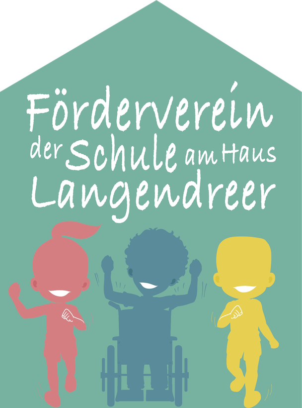 Logo Förderverein, 2 Kinder-Silhouetten in rot, blau und gelb darüber Schriftzug: Förderverein der Schule am Haus Langendreer