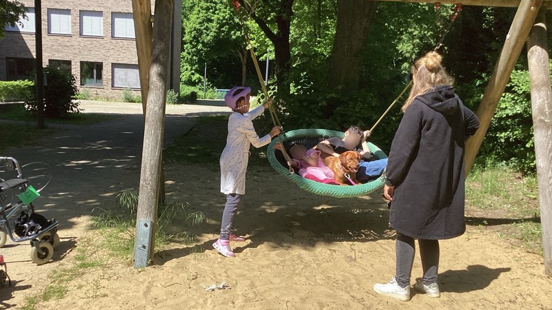 Zwei Schüler/innen schaukeln mit dem Hund in der Nestschaukel.