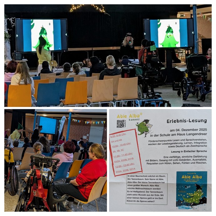 Zwei Frauen sprechen in ein Mikrophon,im Hintergrund leuchten Bildschirme mit Weihnachtsbäumen. Viele Zuschauer schauen zu.