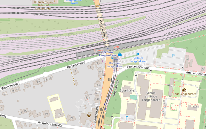 Auf dieser Karte ist ein Ausschnitt von Bochum-Langendreer zu sehen. Darauf zu sehen ist der Standort der Schule am haus Langendreer.