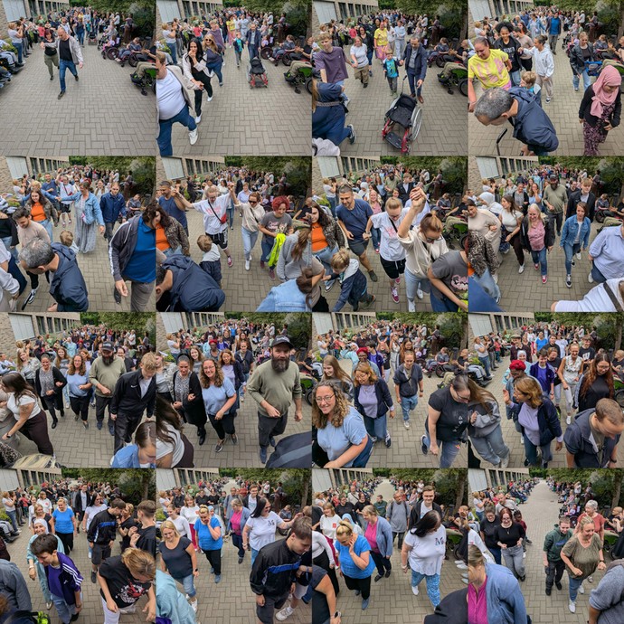 Fotocollage: Viele Leute gehen durch ein Spalier aus vielen Leuten, die klatschen und jubeln