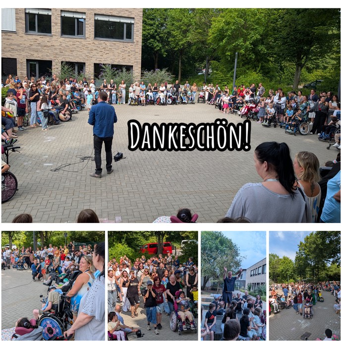 Eine Fotocollage auf der viele Erwachsene und Schülerinnen auf dem Schulhof stehen. Ein großes Dankeschön steht über den Bildern.