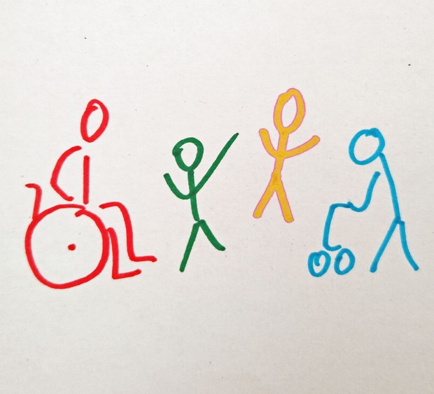 Vier gezeichnete Strichmännchen nebeneinander. Von links nach rechts: Eine rote im Rollstuhl, eine grüne, eine gelbe, eine blaue im Rollator