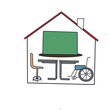 Piktogramm Schule: Umriss eines Hauses, darin eine Schultafel, ein Stuhl, ein Tisch, ein Rollstuhl