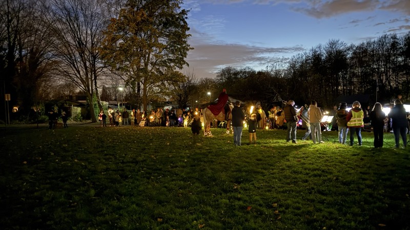 Die Primarstufe steht draußen, Musiker spielen, das Martinspferd ist da und Laternen leuchten.