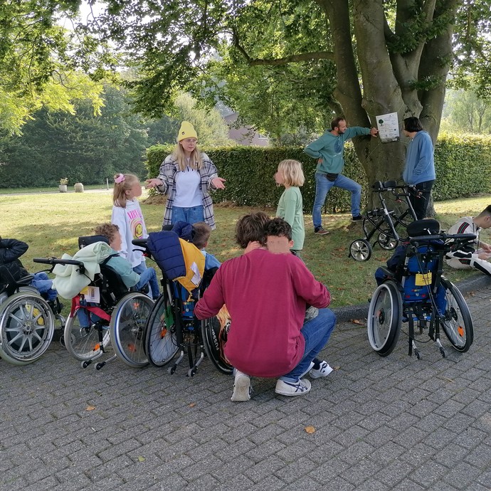 Viele Schülerinnen und Schüler betrachten einen Baum. Zwei Erwachsene zeigen und erklären.