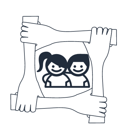 Piktogramm Junge und Mädchen in der Mitte, Hände die sich festhalten als Rahmen