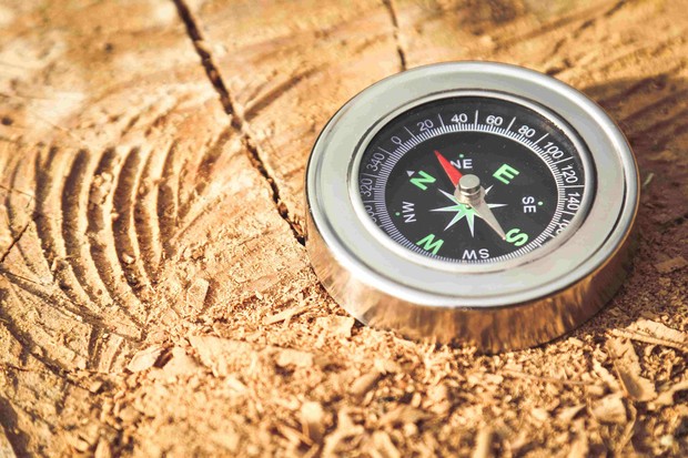 Ein Kompass mit Metallgehäuse liegt auf einer Holzplatte.