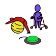 Piktogramm Therapie: ein Kind wirft einen Ball, ein Kind sitzt im Rollstuhl, erine Person steht daneben