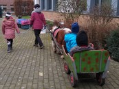 Ein kleines Pony zieht eine Kutsche in der zwei Kinder sitzen