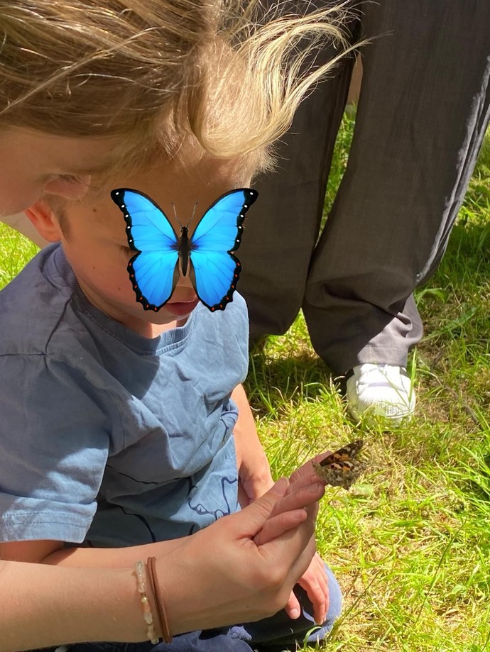 Ein Schmetterling sitzt auf dem Finger eines Schülers